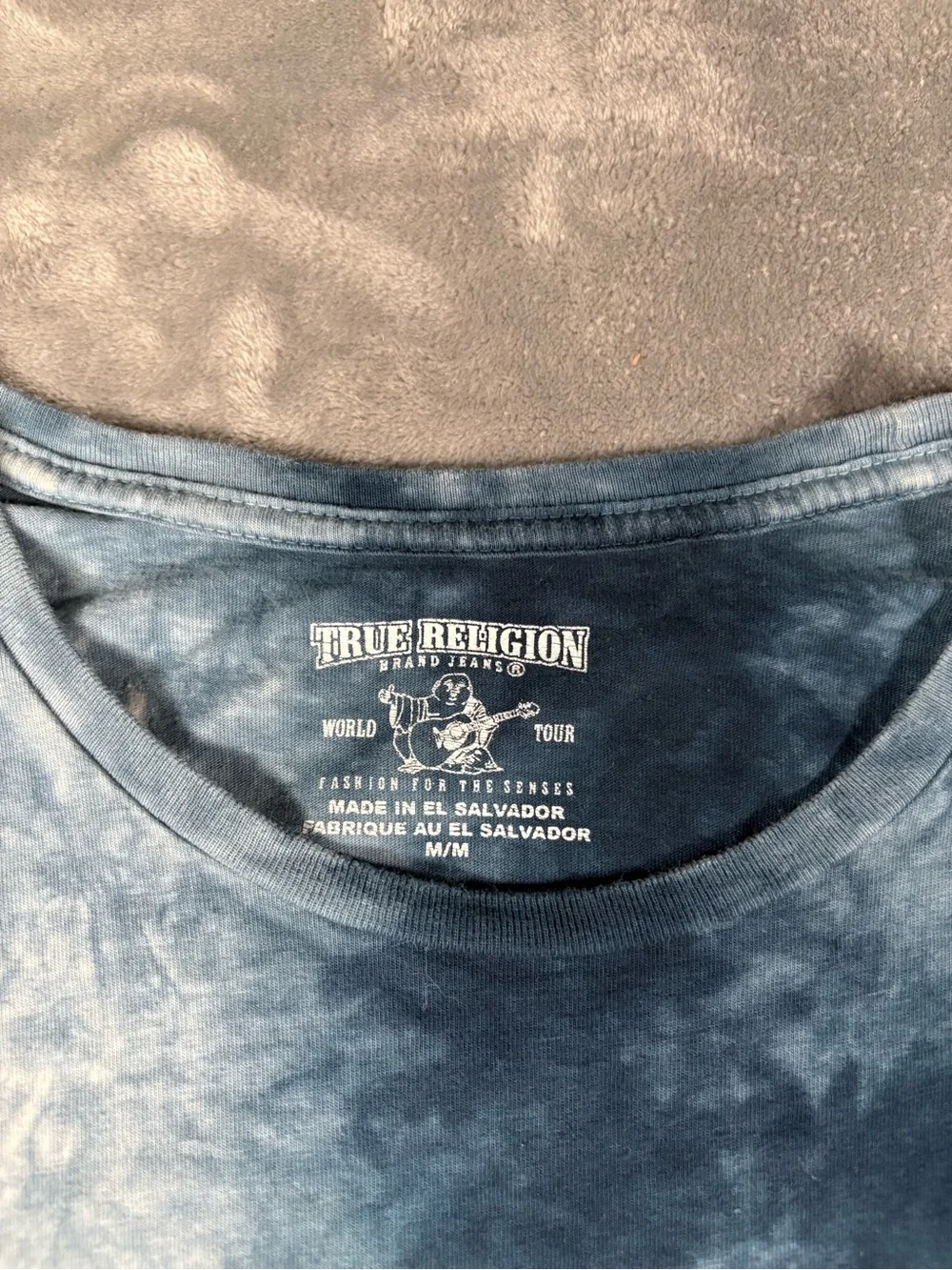 True Religion Men’s Blue & White Tie-Dye Logo Tee with Red Emblem